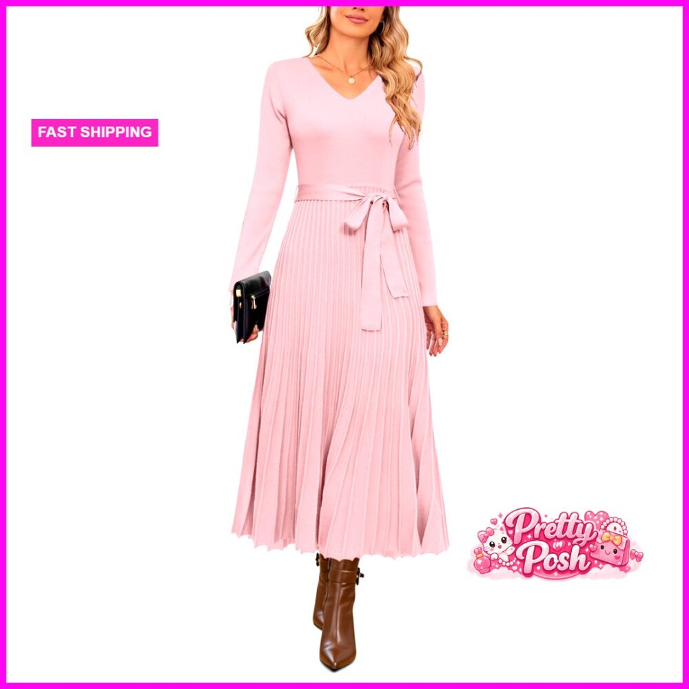 Wool Blend Tie Waist Pleated Sweater Dress V-Neck Long Sleeve